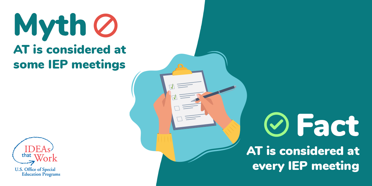 Myth: AT is considered at some IEP meetings. Fact: AT is considered at every IEP meeting.