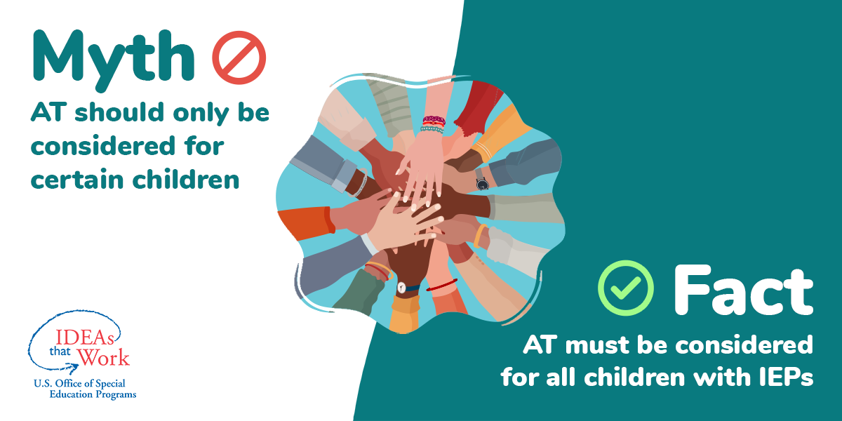 Myth: AT should only be considered for certain children. Fact: AT must be considered for all children with IEPs.