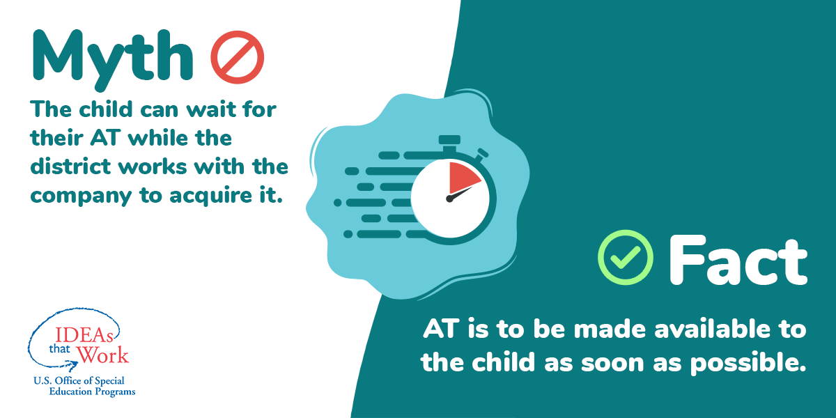 Myth: The child can wait for their AT while the district works with the company to acquire it. Fact: AT is to be made available to the child as soon as possible.
